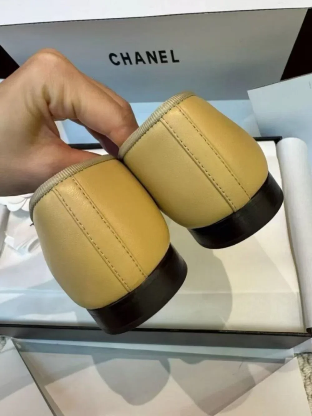 CHANEL Two-Tone Leather Embossed CC Bow Round Toe Ballet Flats